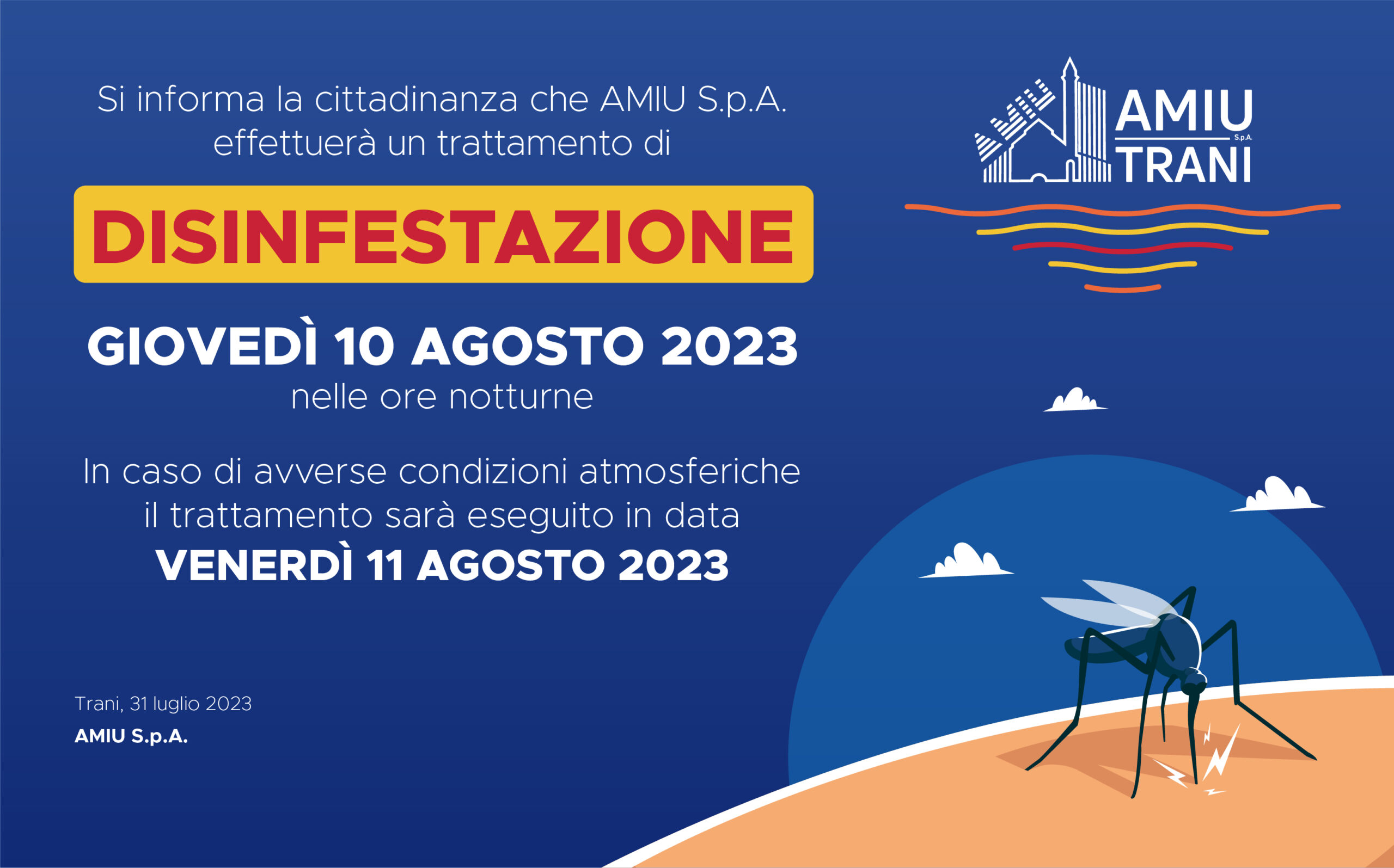 Avviso AMIU S.p.A., disinfestazione giovedì 10 agosto 2023 - AMIU Trani